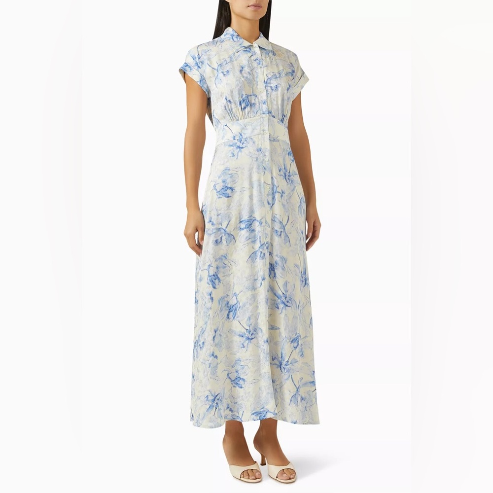 Maje Blue and Cream Satin Floral Patterned maxi dress😍size 36 - Picture 3 of 12